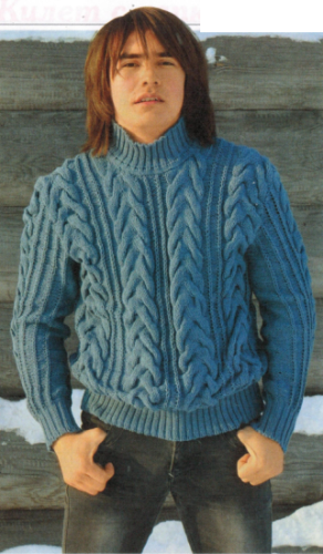 Мужской свитер с косами, вязаный спицами